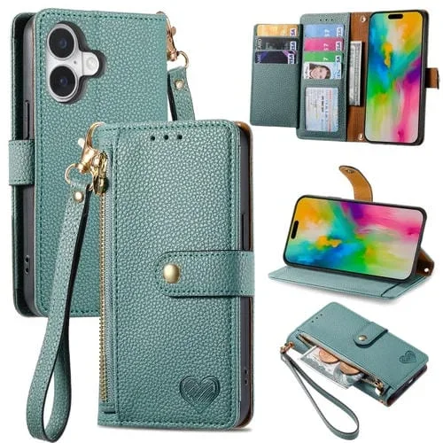 Funda de Cuero Love con Cordón y Cremallera para iPhone 16 (Verde)