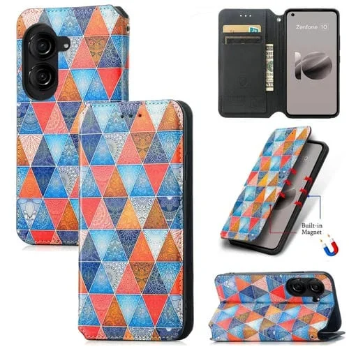 Funda de Cuero Magnética Caseneo para Asus Zenfone 10 con Diseño Rhombus Mandala