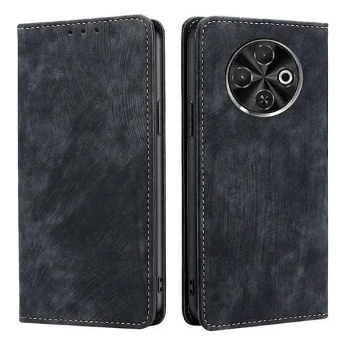 Funda de Cuero Magnética con Cepillo Antirrobo RFID para Tecno Spark 30C 4G (Negro)