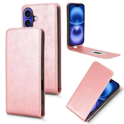 Funda de Cuero Magnética con Tapa Vertical para iPhone 16 Plus (Oro Rosa)