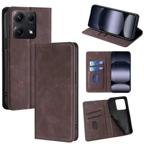 Funda de cuero magnética con textura de piel para Redmi Note 14S 4G (marrón oscuro)