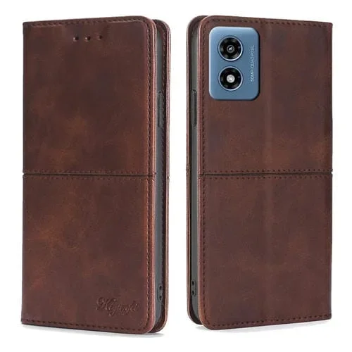 Funda de Cuero Magnética con Textura de Vaca para Motorola Moto G 5G (2024) (Marrón Oscuro)