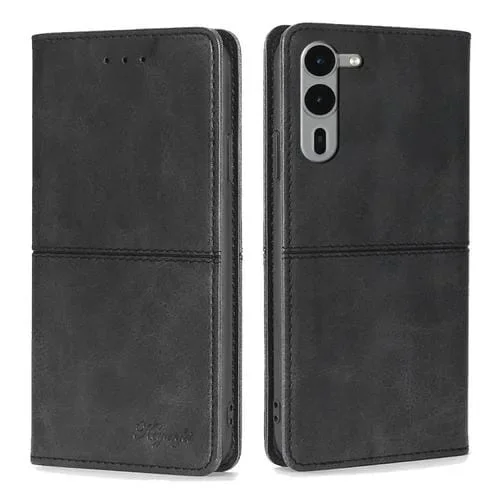Funda de Cuero Magnética para Fujitsu Arrows We2 Plus con Textura de Vaca (Negro)