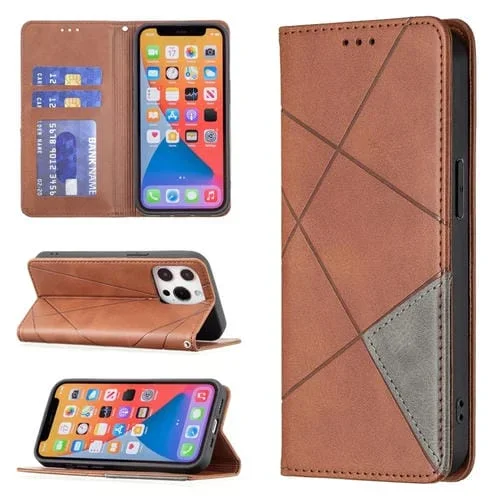 Funda de Cuero Magnética para iPhone 13 Mini Rhombus Texture con Tapa Horizontal, Soporte y Ranuras para Tarjetas (Marrón)