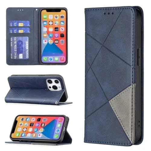 Funda de Cuero Magnética para iPhone 13 Mini Rhombus Texture con Tapa Horizontal, Soporte y Ranuras para Tarjetas (Azul)