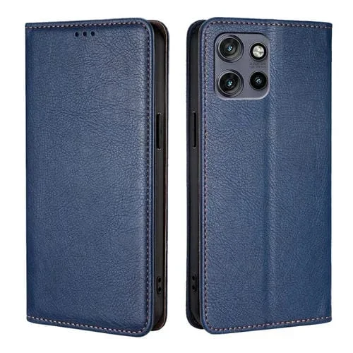 Funda de Cuero Magnética para Motorola Edge 50 Neo 5G con Acabado Brillante y Aceite Sólido (Azul)