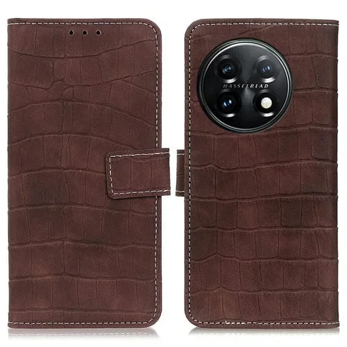 Funda de Cuero Magnética para OnePlus 11 5G con Textura de Cocodrilo (Marrón)