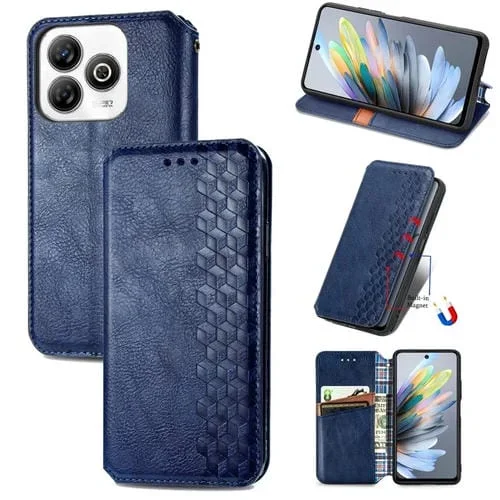 Funda de Cuero Magnética ZTE Blade A75 4G Diseño Cuadrícula Cúbica (Azul)