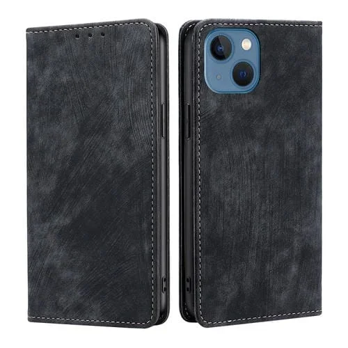 Funda de Cuero Magnético para iPhone 14 con Rfid y Cepillo Antirrobo (Negro)