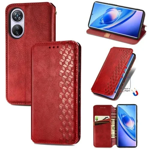Funda de Cuero Magnético Prensado para BlackView A200 Pro Cubic Grid (Rojo)