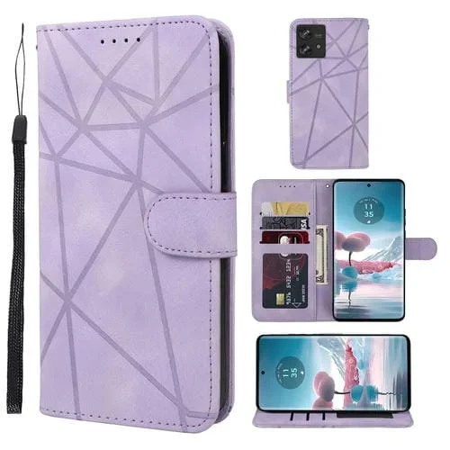 Funda de Cuero Motorola Edge 40 Neo Skin Feel Diseño Geométrico Líneas (Morado)