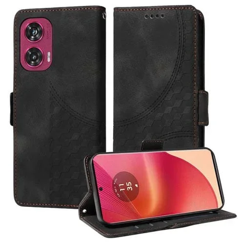 Funda de Cuero Motorola Edge 50 Fusion con Rombos en Relieve y Estrellas (Negra)