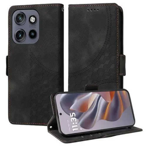 Funda de Cuero Motorola Edge 50 Neo Thinkphone 25 con Rombos y Estrellas (Negra)