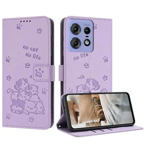 Funda de Cuero Motorola Edge 50 Pro con Diseño de Gatito en Relieve y Cordón (Morado)