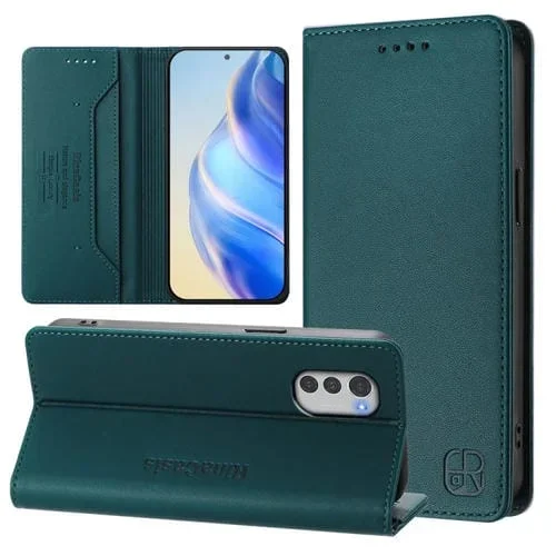 Funda de Cuero Motorola Moto E32 Global Rc01 con Doble Pliegue y Succión Magnética Rfid (Verde Oscuro)