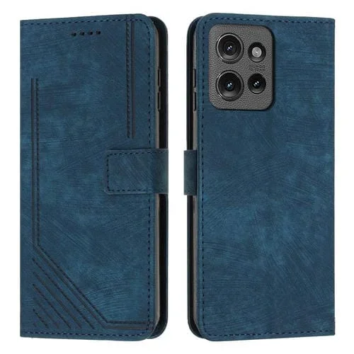 Funda de Cuero Motorola Moto G 5G (2025) con Diseño de Rayas y Cordón (Azul)