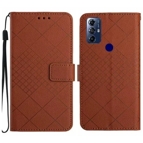 Funda de Cuero Motorola Moto G Play 2023 y G Pure 2021 con Textura de Rejilla Rómbica (Marrón)