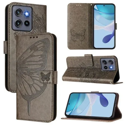 Funda de Cuero Motorola Moto G Stylus 5G (2025) con Diseño de Mariposa en Relieve (Gris)