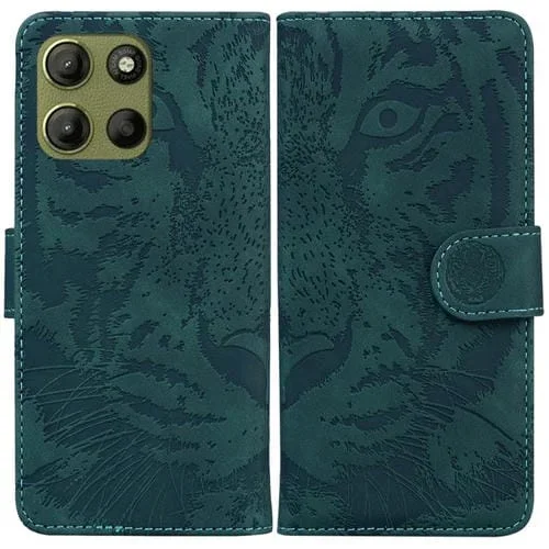 Funda de Cuero Motorola Moto G15 con Estampado de Tigre (Verde)