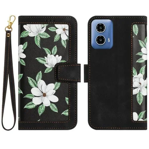 Funda de Cuero Motorola Moto G24 con Estampado Floral y Cordón (Negro)
