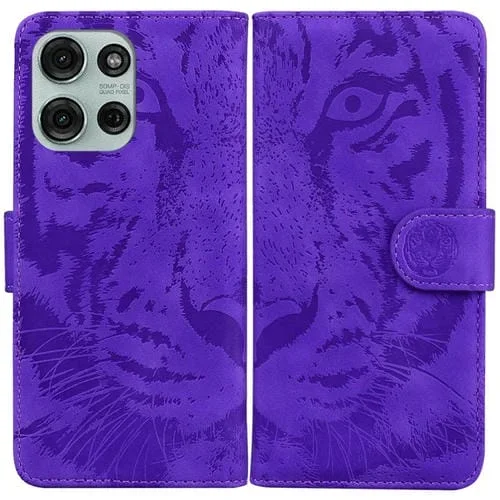 Funda de Cuero Motorola Moto G75 5G con Estampado de Tigre (Morado)