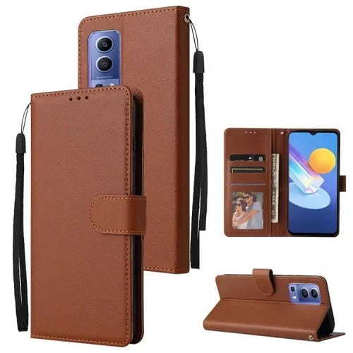 Funda de Cuero Multifuncional para Teléfono con 3 Ranuras para Tarjetas para Vivo Y72 5G (Marrón)