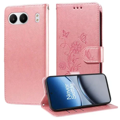 Funda de Cuero OnePlus Nord 4 5G con Diseño de Mariposas y Flores en Relieve (Oro Rosa)