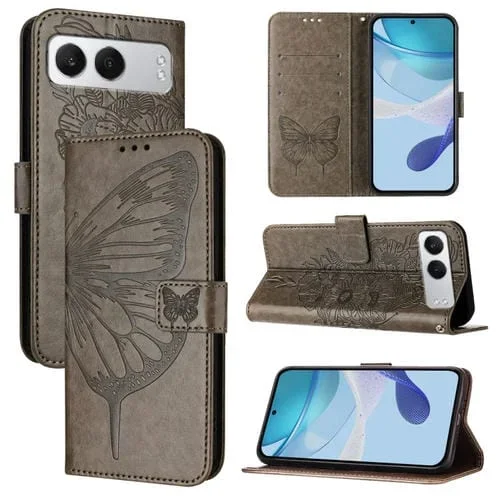 Funda de Cuero OnePlus Nord 4 5G Diseño Mariposa En Relieve (Gris)