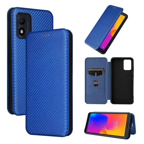 Funda de Cuero para Alcatel 1B 2022 con Textura de Fibra de Carbono (Azul)
