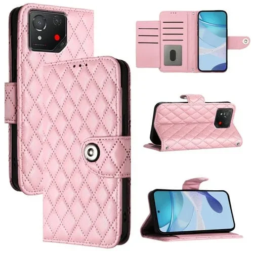 Funda de Cuero para Asus Rog Phone 8 con Tapa, Textura Rómbica y Cordón (Rosa)