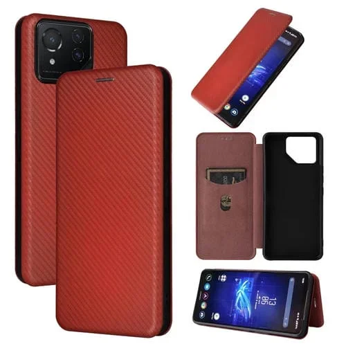 Funda de Cuero para Asus Rog Phone 8 con Tapa y Textura de Fibra de Carbono (Marrón)