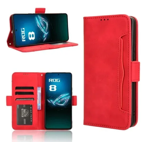 Funda de Cuero para Asus Rog Phone 8 Pro con Ranuras para Tarjetas y Textura Skin Feel Calf (Rojo)