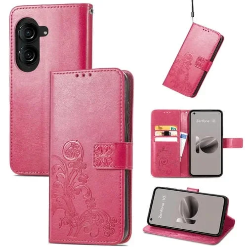 Funda de Cuero para Asus Zenfone 10 con Hebilla en Relieve y Cierre de Cuatro Hojas (Rojo)