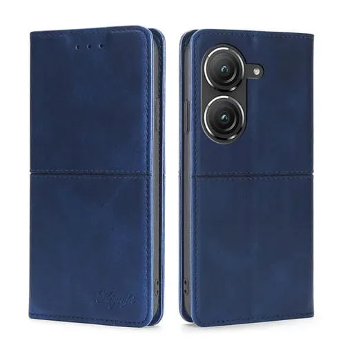 Funda de Cuero para Asus Zenfone 9 con Tapa Horizontal Magnética y Textura de Vaca (Azul)