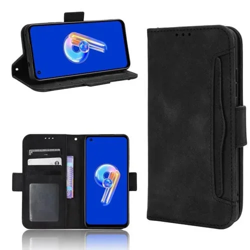 Funda de Cuero para Asus Zenfone 9 con Textura Becerro y Ranuras para Tarjetas (Negro)
