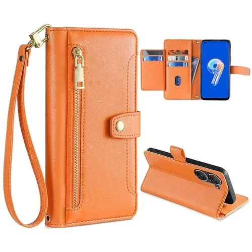 Funda de Cuero para Asus Zenfone 9 y 9Z Cross-Body Zipper Wallet (Naranja)