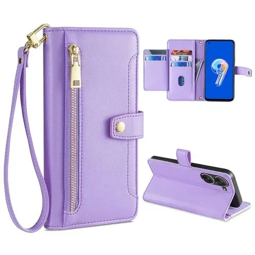 Funda de Cuero para Asus Zenfone 9 y Zenfone 9Z con Textura Sheep y Cremallera (Púrpura)