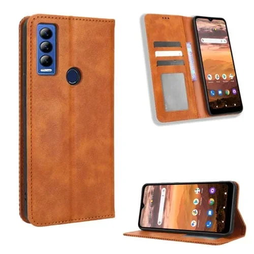 Funda de Cuero para AT&T Motivate Max U668Aa y Cricket Ovation 3 con Hebilla Magnética y Textura Retro (Marrón)