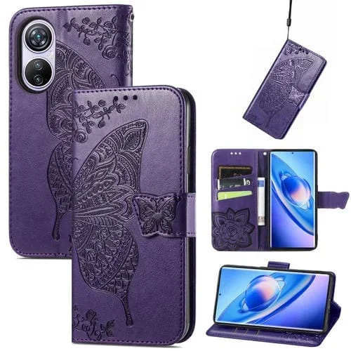 Funda de Cuero para BlackView A200 Pro Butterfly Love Flower en Relieve (Púrpura)