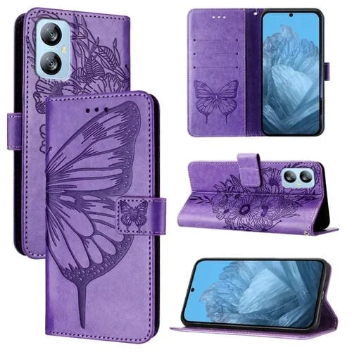 Funda de Cuero para BlackView A52 con Mariposa en Relieve (Púrpura)