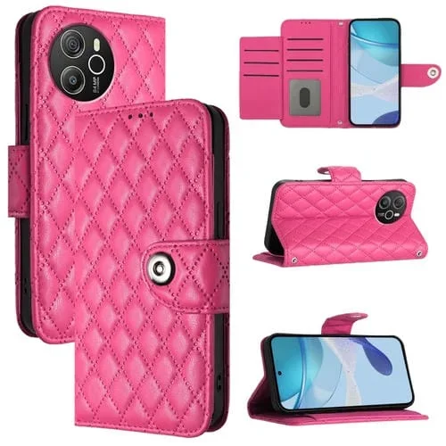 Funda de Cuero para BlackView Shark 8 con Tapa Textura Rombal y Cordón (Rojo Rosa)