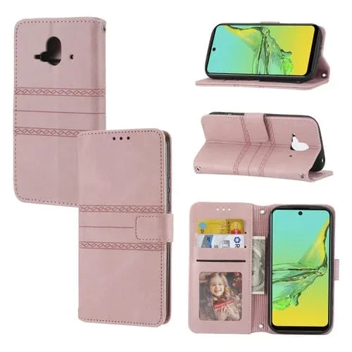 Funda de Cuero para Flechas Fujitsu F-52B con Hebilla Magnética y Rayas en Relieve Horizontal (Rosa)