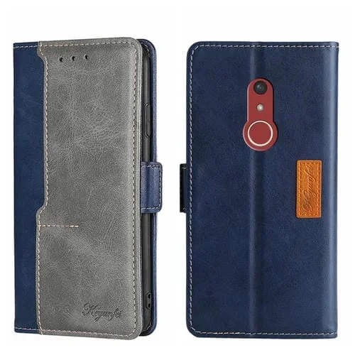 Funda de Cuero para Fujitsu Arrow Be4 Plus F-41B con Hebilla Lateral y Contraste (Azul + Gris)