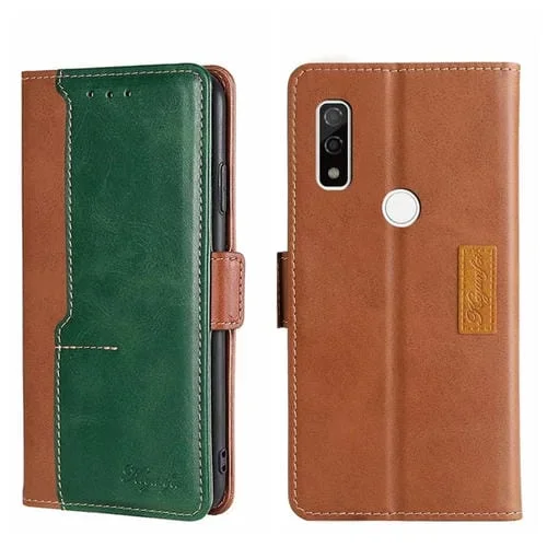 Funda de Cuero para Fujitsu Arrows We F-51B con Hebilla Lateral y Contraste de Color (Marrón Claro + Verde)