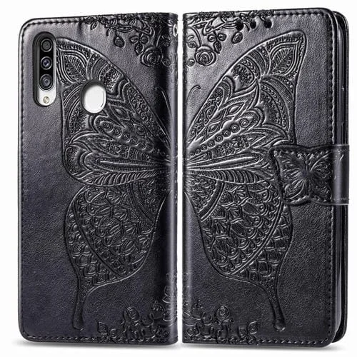 Funda de Cuero para Galaxy A20S Butterfly Love Flower con Tapa Horizontal En Relieve Soporte Ranura Tarjeta Billetera Cordón (Negro)