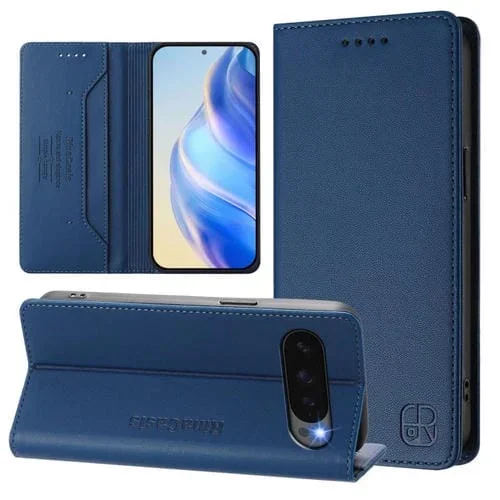 Funda de Cuero para Google Pixel 10/10 Pro 5G Rc01 con Doble Pliegue y Succión Magnética (Azul Oscuro)