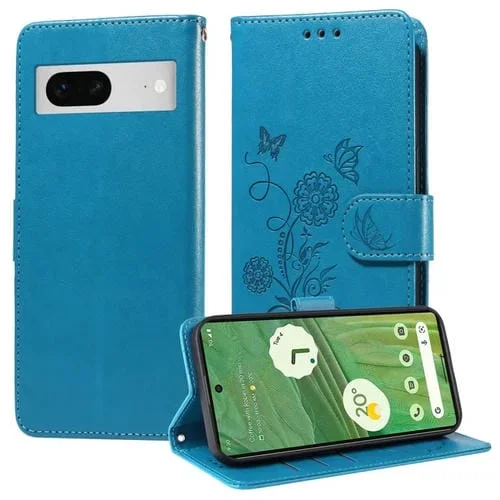 Funda de Cuero para Google Pixel 7 con Diseño de Mariposas y Flores en Relieve (Azul)