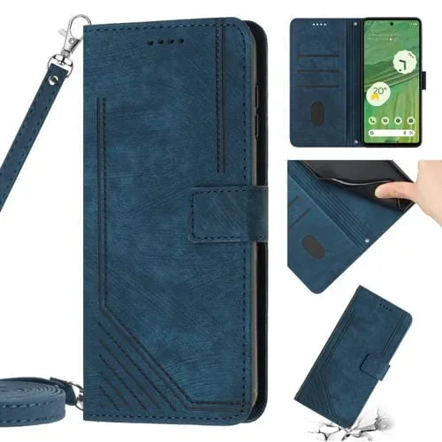 Funda de Cuero para Google Pixel 7 Pro con Cordón y Diseño Skin Feel Stripe (Azul)
