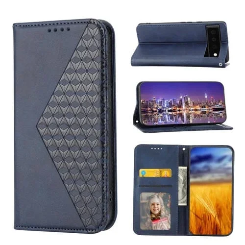 Funda de Cuero para Google Pixel 7A con Cierre Magnético y Textura Cubic Grid (Azul)