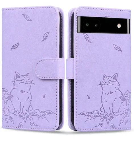 Funda de Cuero para Google Pixel 7A con Estampado de Gato (Morado)
